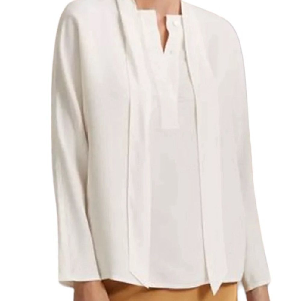 Club Monaco Tie Neck Blanc De Blanc White Chemise Small Petite Long Sleeve Top